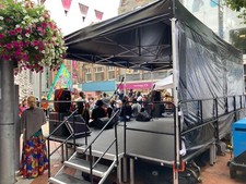 (FOR HIRE ONLY) Portable Mobile Stage with roof 6m x 4m steps and backdrop