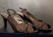 Ladies Pewter Grey Sling Back Peep Toe Court Heel Shoes 