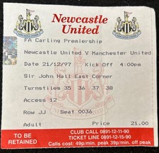 1997 Newcastle United V Manchester United Match Ticket Stub Football 1990s