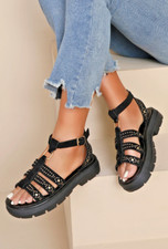 Women’s Black Studded Gladiator Sandals–Chunky Sole Strappy Ankle Buckle Summer