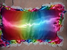 ABDL SISSY KNEELING PAD SUBMISIVE CUSHION OBLONG RAINBOW SATIN FRILLY  LACE BOWS