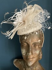 Mary-Anne Morrison Millinery Cream Fascinator, Feather Flower Birdcage Net Veil