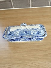 Vintage Very Old Lidded Partitioned Ceramic Blue Pot. Toothbrush Holder ? Vgc.