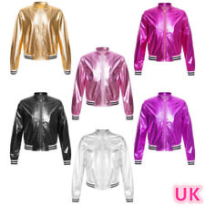 UK Kid's Girl's Metallic Bomber Jacket Long Sleeve Coats Dance Tops Outerwears
