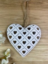 Small White Metal Door/Wall Hanging Heart with Cut Out Heart Detail