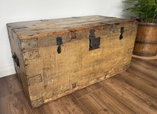 Rustic Antique Metal Bound Pine Trunk Vintage  Chest Blanket Box