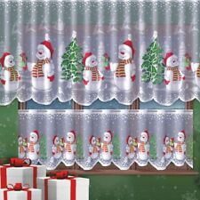 Christmas White Cafe Net Curtain HEMMED Xmas Snowman READY to Hang Many Sizes