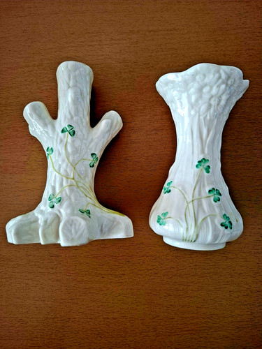 Belleek pair shamrock vases - pair, of
