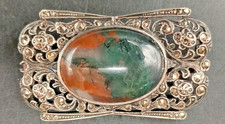 Antique Thomas L. Mott Silver Moss Agate “Heather” Brooch with Marcasite, c1910