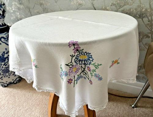 Vintage white rayon tablecloth - vintage,