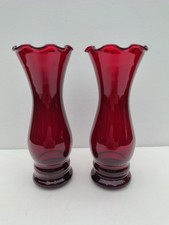 Vintage Pair Anchor Hocking  Ruby Red Glass Bud Ruffle Top Vases 15cm Christmas