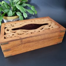 Handcarved Dark Wooden Indian Tissue Box Storage Brass Corners Standard Size