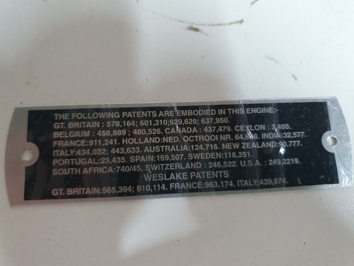Weslake patent plate - weslake, crcp350