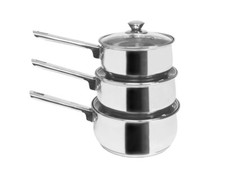 3 Piece Stainless Steel Saucepan Kitchen Cook Set 16CM/18CM/20CM With Glass Lid 