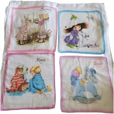 4 Vintage  Days Of The Week Childs Handkerchiefs Holly Hobbie Lamb Rocking Horse