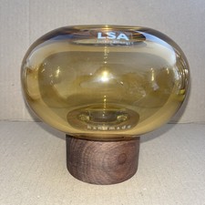LSA International Oblate Amber Glass Vase On Walnut Base Handmade Beautiful New