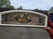 Antique Leaded Glass Window with Hand Painted Flowers design and Bullseyes