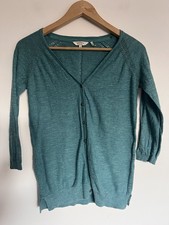 FAT FACE Teal Green V-Neck Cardigan Knit 3/4 Sleeve Pointelle Detail UK 6