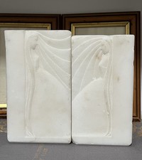 Solid Marble Or Alabaster Carved Bookends In Art Nouveau Style STUNNING