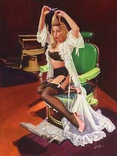 Vintage BARBER CHAIR Shop PINUP Sheer Delight VANCAS GIRL Pin-Up Elvgren 26x18