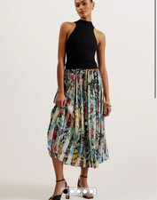 TED BAKER Midi Dress Womens TB2 UK 10 Corino Black Floral Mockable Pleated Skirt