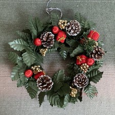 Vintage Retro Artificial Christmas Wreath with Pinecones, Silk Baubles & Berries