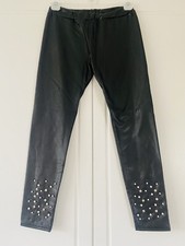 BLACK PEARL/DIAMANTE FAUX LEATHER LEGGINGS 12 NEW ELASTICATED WINTER SMART PARTY