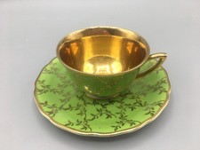 RGK Czechoslovakia Green Gold Filagree Teacup & Saucer 1928-1938 Vintage Small