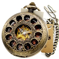 Vintage Mechanical Pocket Watch with Chain Skeleton Wind up Fob Watch Men Women