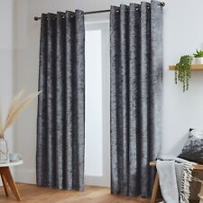 Crushed Velvet Curtains Pair Eyelet Ring Top Fully Lined- Black - Silver - White