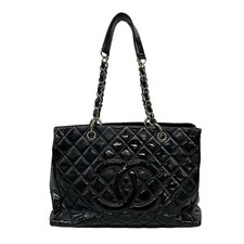 Auth CHANEL Caviar Medallion Chain Tote A20995 Black Patent Leather Tote Bag