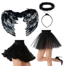 Fallen Angel Black Halloween Accessories Fancy Dress Tutu Wings Halo Outfit Lot 