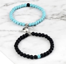 Magnetic Heart Couple 2 Pcs Matching Bracelets Blue Turquoise & Matte  Beads
