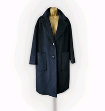 M&S Collection Dark Blue Cocoon Coat UK 12 Navy Teddy Overcoat Womens V Neck