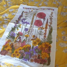 Vtg Tea Towel Wild Flowers Linen Ireland Irish Cabin Retro Cottage