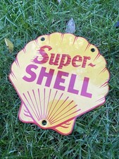 SUPER SHELL Enamel Advertising Sign Iconic Clam Shape Design 
