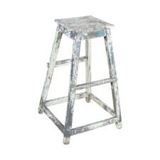 Antique 1920s Indian Teak Artists Stool Weathered Blue Paint Step Ladder