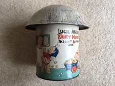 C1930s VINTAGE WILLIAM CRAWFORD LUCIE ATTWELL FAIRY HOUSE BISCUIT&MONEY BOX TIN