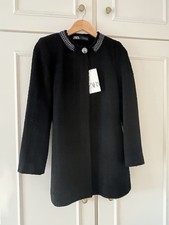 Zara Black Boucle Jacket with Beading At Neck Size M New with Tags