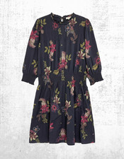 Women’s Fat Face Dress Black Dotted Floral Smocked Long Sleeve (A Bit Defect)