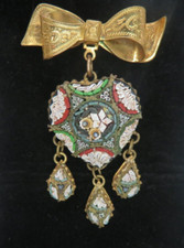 Vintage Micro Mosaic Heart Shaped with Teardrop Dangles Brooch Pin Very Detailed