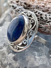 Large Unisex 925 Sterling Silver Blue Lapis Lazuli Stone Statement Ring Size P 