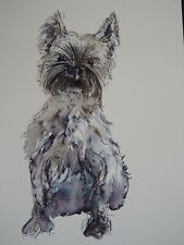 Original drawing in pen & ink wash of a Westie dog West Highland terrier sitting