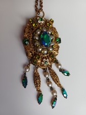 Czech Austro Hungarian Style Pendant Aurora borealis faux pearl Filigree Enamel 