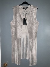 Rino & Pelle Size 8 Ladies Silver Grey Faux Suede Fringed Waistcoat New, Tags
