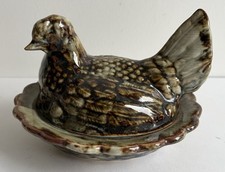 Pottery Hen on Nest Ornament Mottled Brown Glaze vintage Scottish