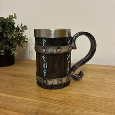 Viking Rune Tankard Mug 20oz – Stainless Steel & Wooden Resin Norse Stein