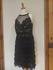 Rochelle Humes Black Fringe Lace Party Dress, Sheer Top. Size 14