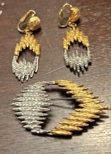 Signed Jeanine Gold & Silver Diamond Drip Earrings & Brooch Set Excellent Cond.