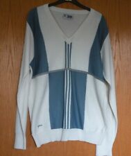 Vintage Men's Gabicci White & Blue v-neck jumper, 70% Acrylic 30% Wool, Used,
